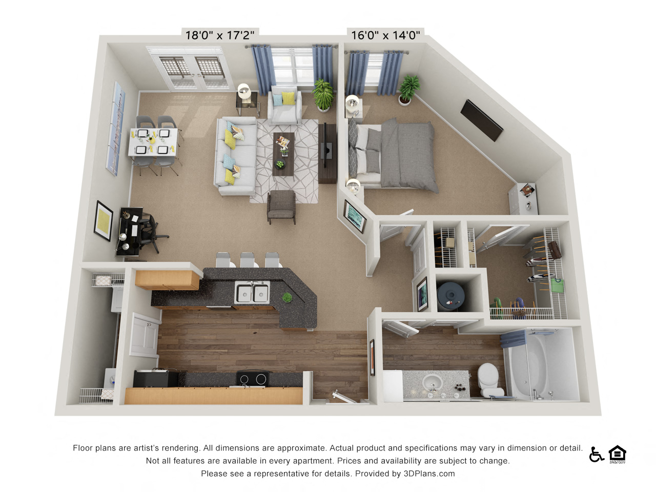 Floor plan for 1 bed, 1 bath, 915 sqft